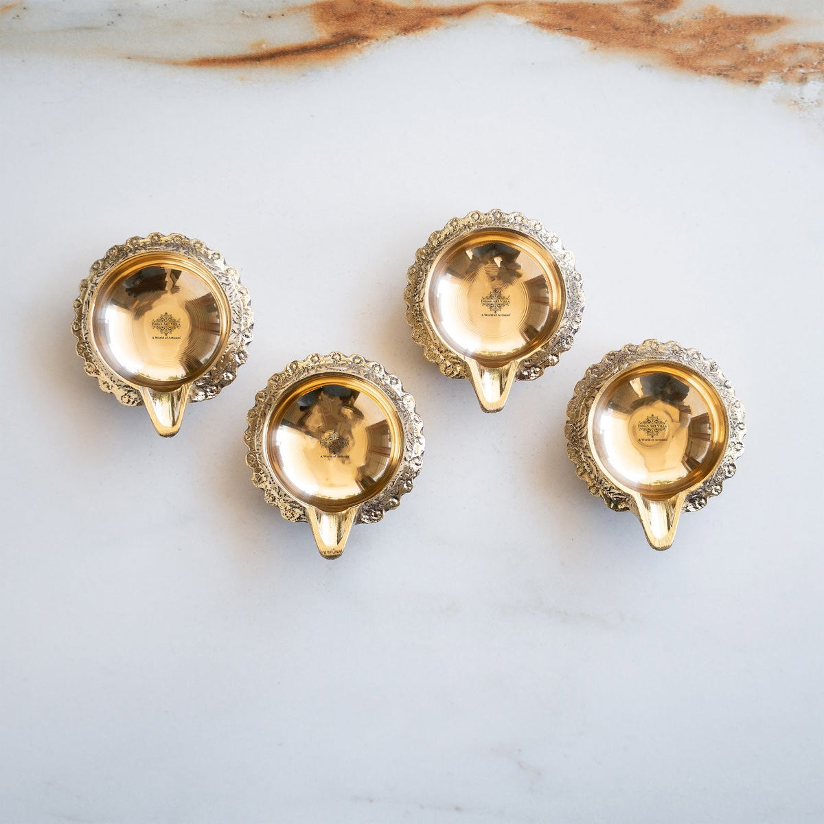 Brass Diya Set of 4 with Embossed Design & Shine Finish