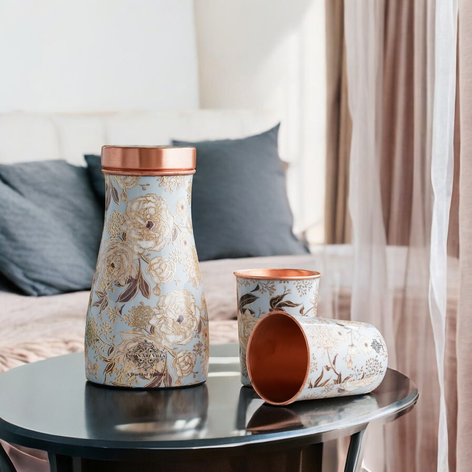 Copper Gold Printed Bedroom Bottle with 2 Glass Set – 900 ML Bottle & 300 ML Glass