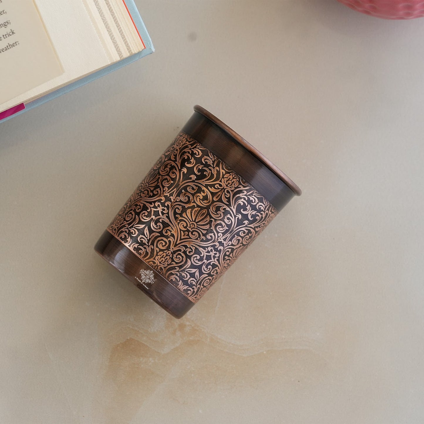 Pure Copper Glass With Handcrafted Embossed Design 275 ML