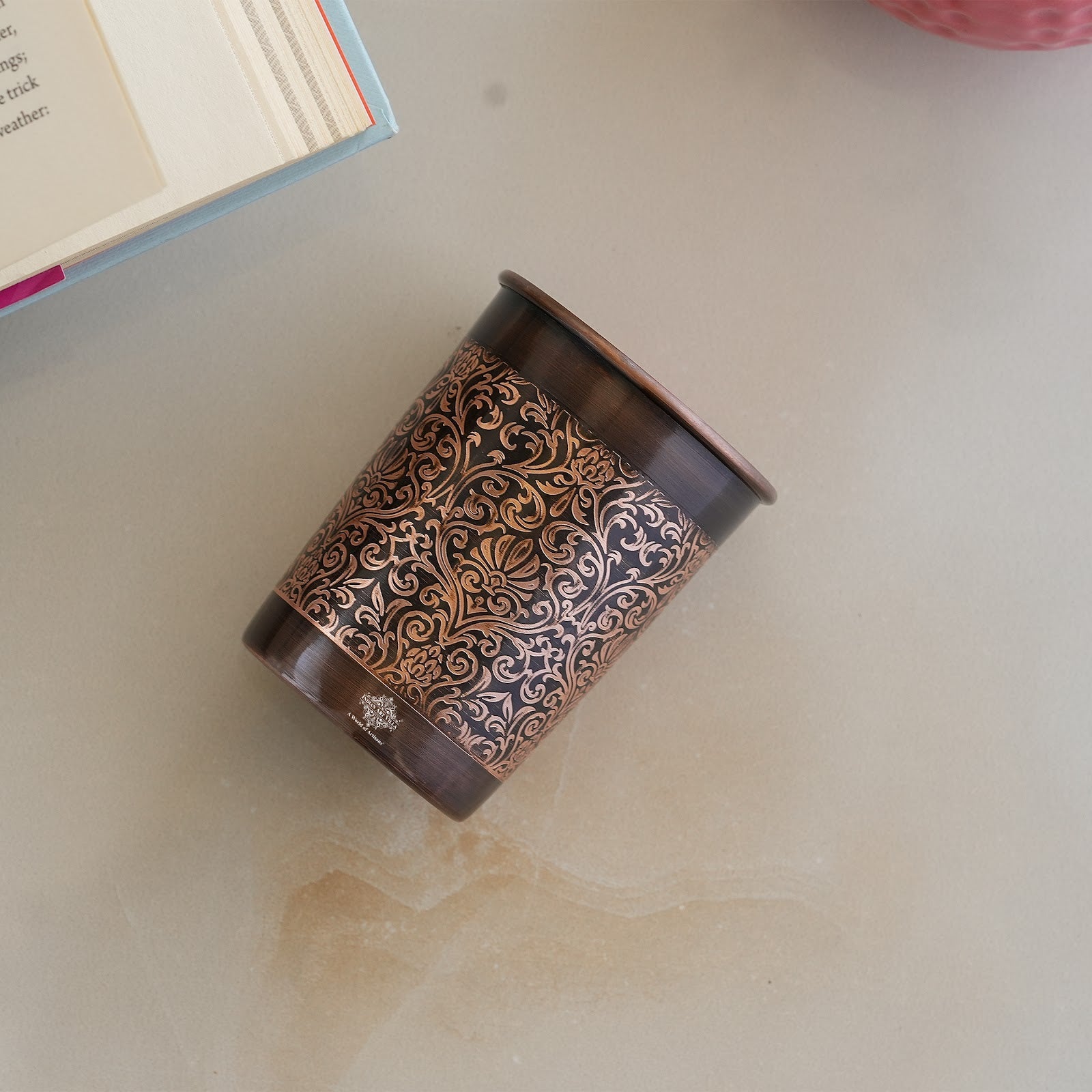 Pure Copper Glass With Handcrafted Embossed Design 275 ML