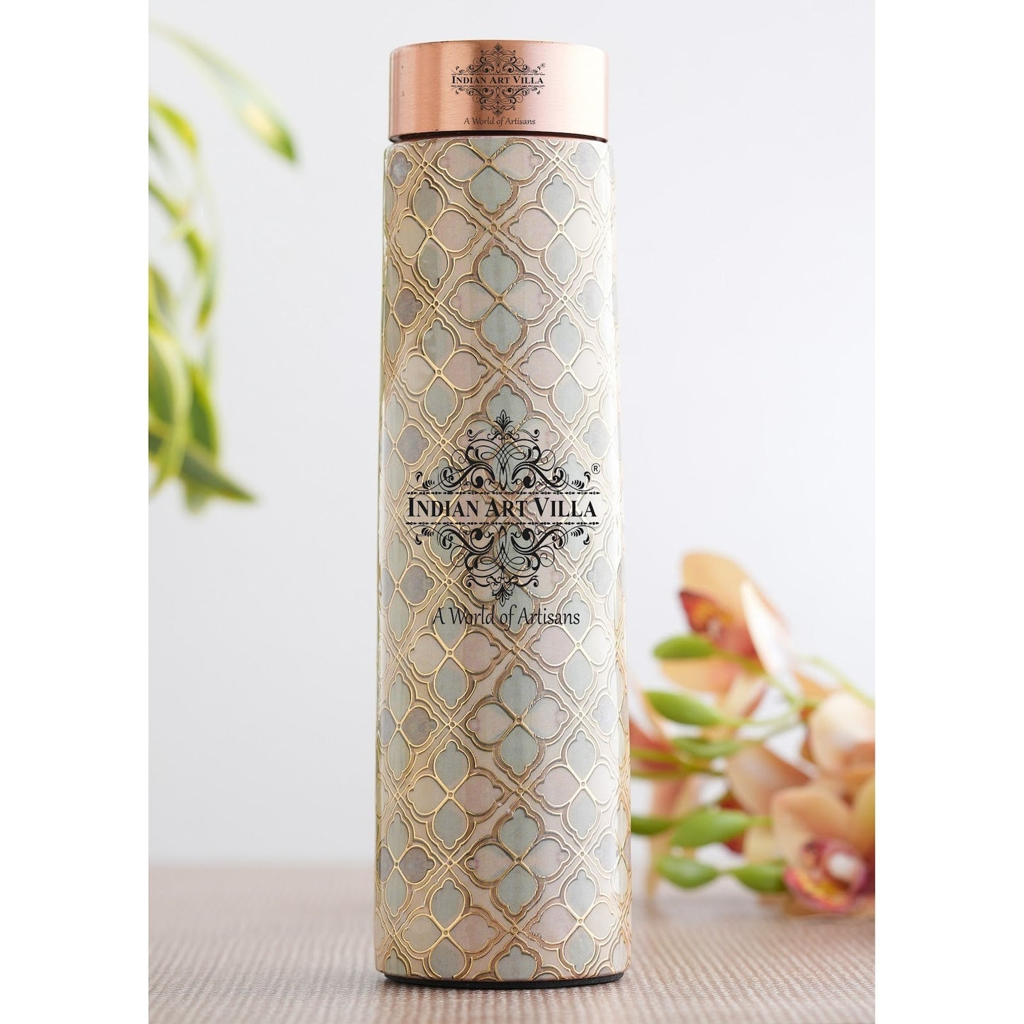 Pure Copper Water Bottle with Pyramid Shape Gold Print Design, 800 ML