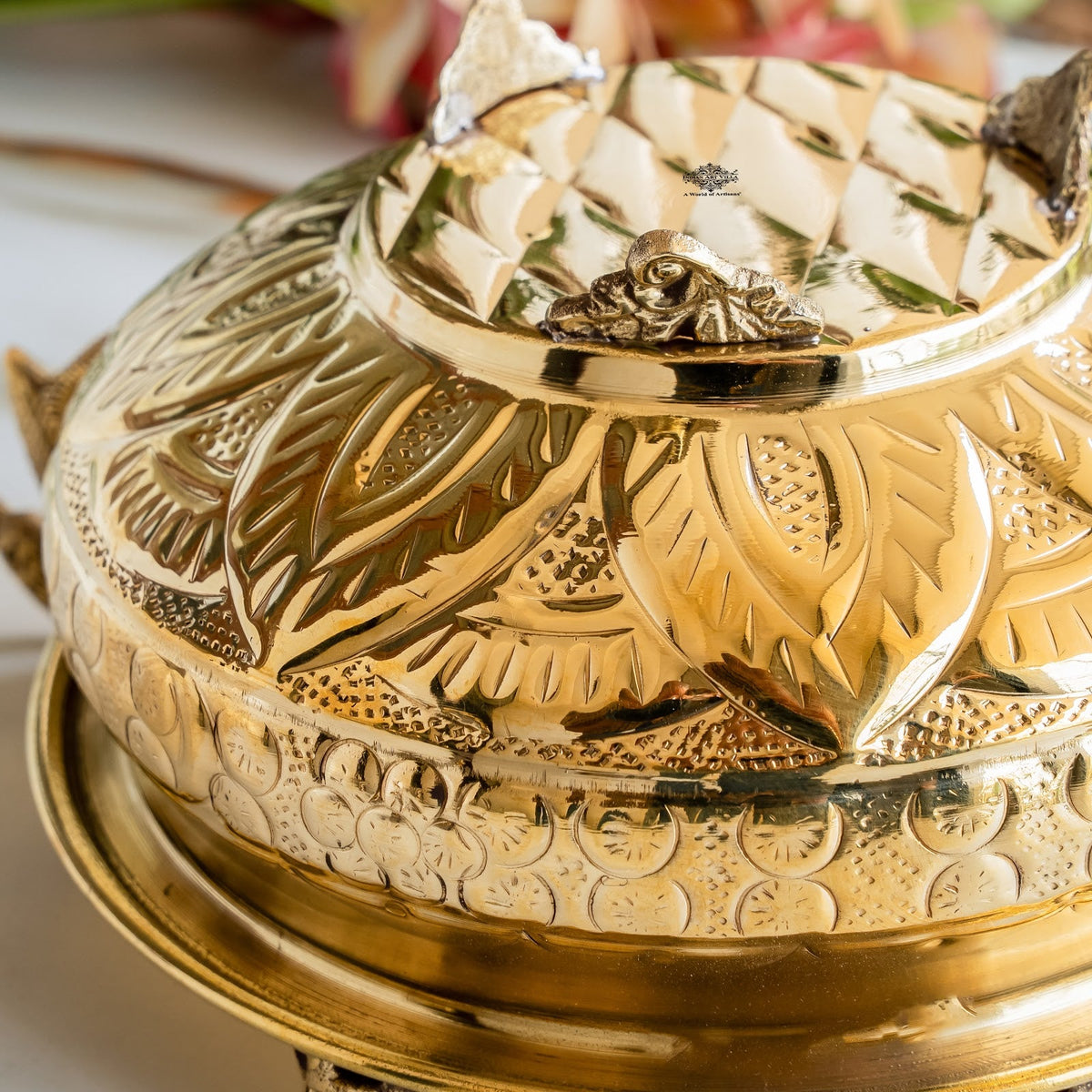 Handmade Pure Brass Urli with Elephant Figurines & Peacock Handles