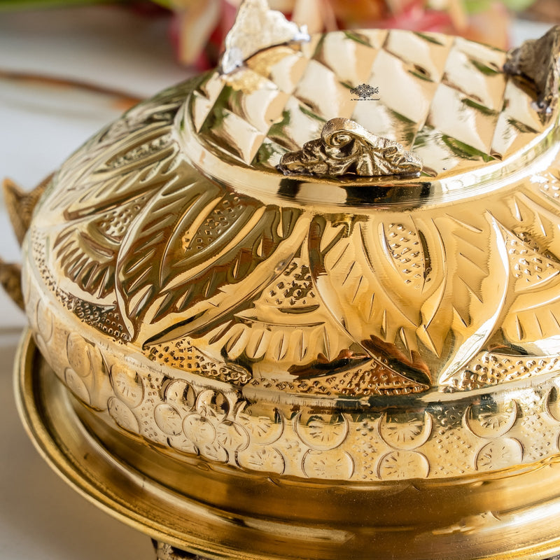 Handmade Pure Brass Urli with Elephant Figurines & Peacock Handles