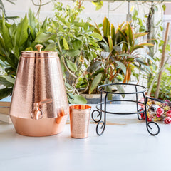 Copper Water Pot with Embossed Design,With Stand & Glass Pyramid shape - 5 Litre