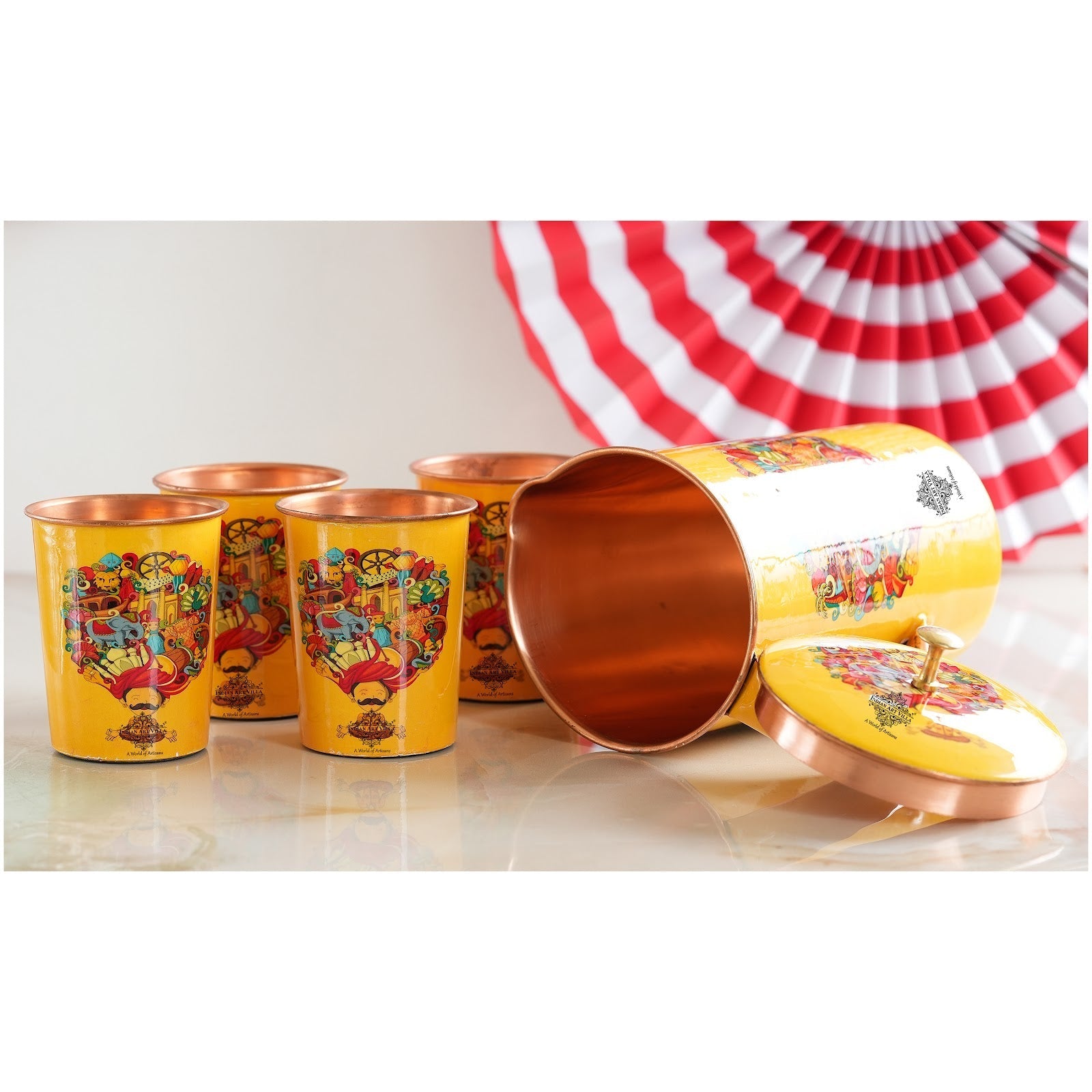 Pure Copper Printed Padharo Mhare Desh Jug & Glass Gift Set