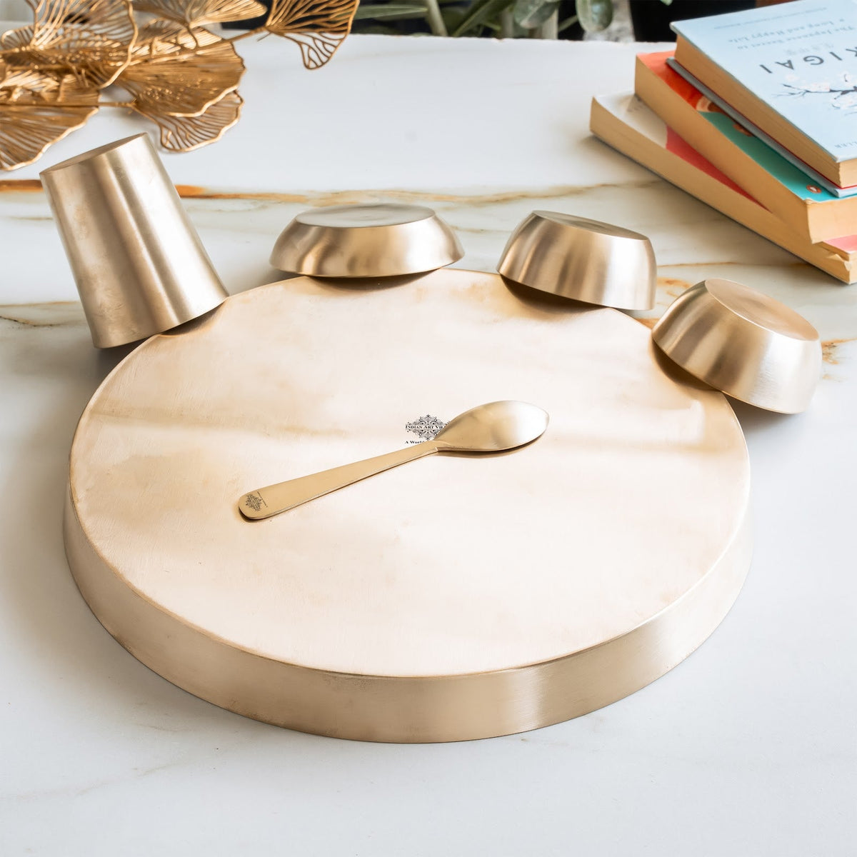Bronze Dinner Set, 6-Piece with Thali, 2 Katori, Glass, Halwa Plate & Spoon