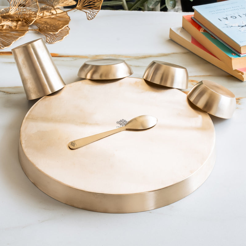 Bronze Dinner Set, 6-Piece with Thali, 2 Katori, Glass, Halwa Plate & Spoon