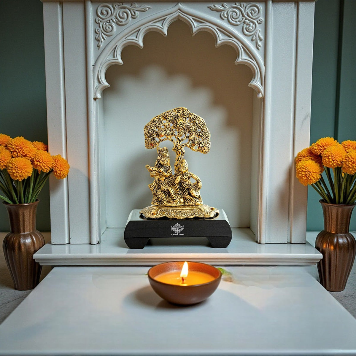 Brass Finish Radha Krishna Murti with Wooden Base