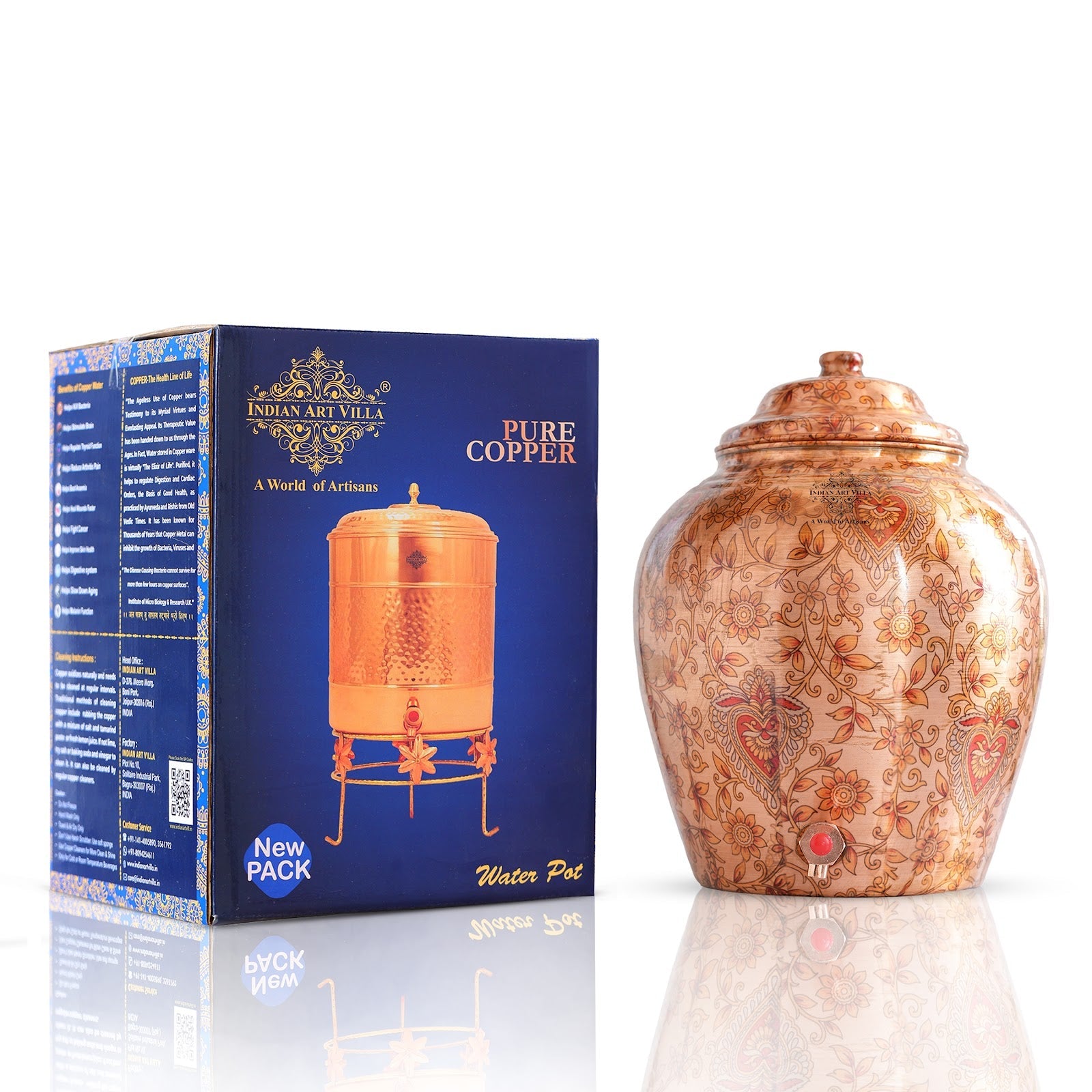 Printed Leaf Design Copper Water Dispenser Pot Matka, Storage, Home Kitchen Garden