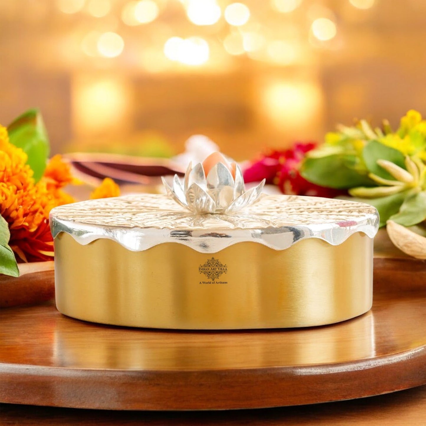 Silver-Plated Brass Decorative Multi-Purpose Gift Box, Lotus Flower Design, Elegant Silver & Gold Finish Storage Box for Dry Fruits