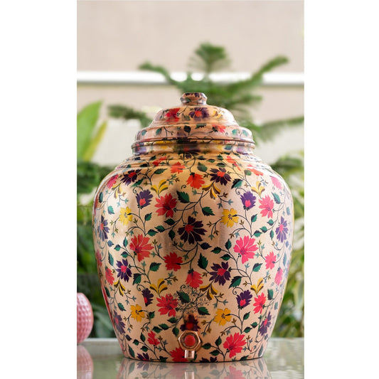 Pure Copper Water Dispenser/Matka In Multi Color Floral Print Design with Brass Tap,13 Ltr.