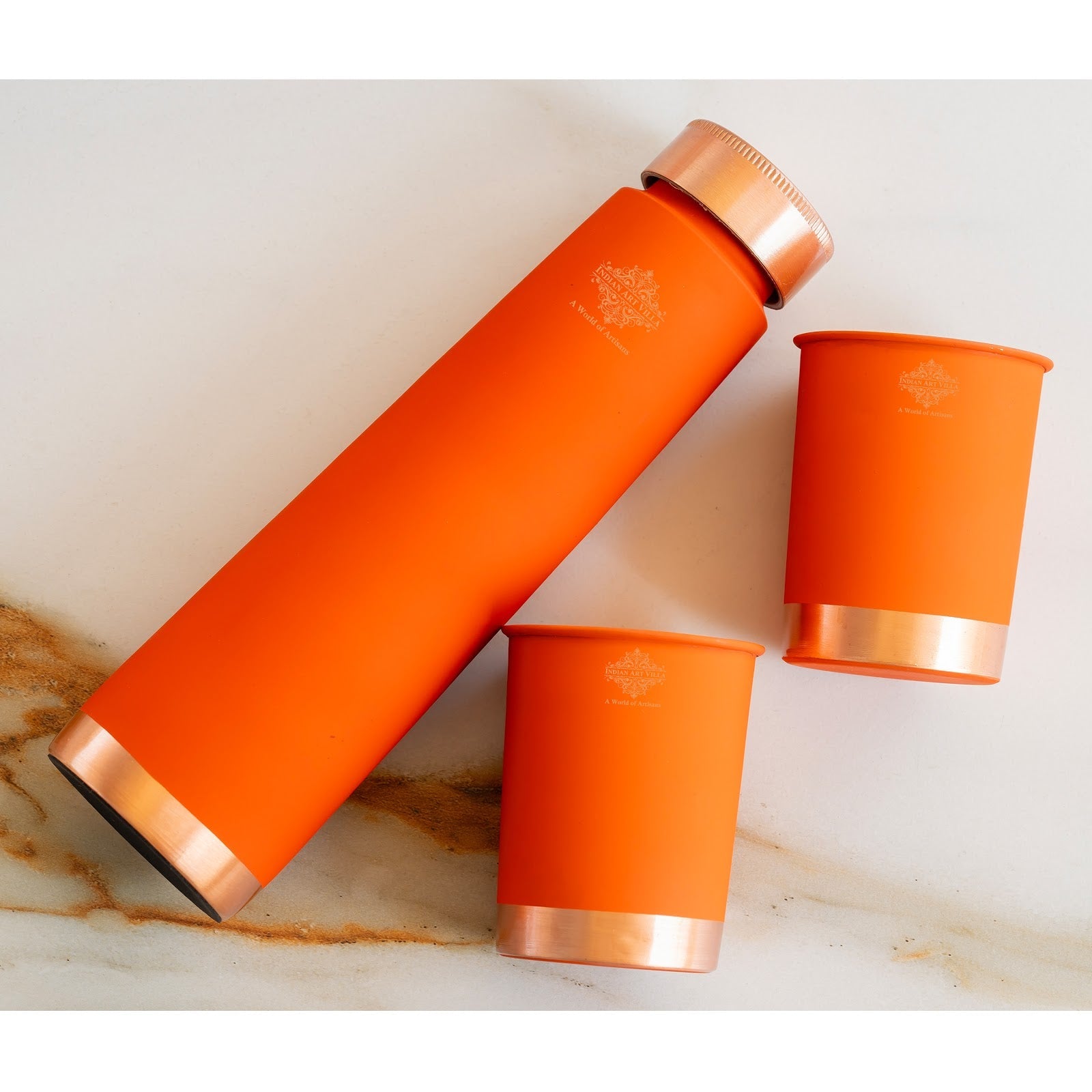 Pure Copper Bottle And Glass Set With Silk Finish Pyramid Design