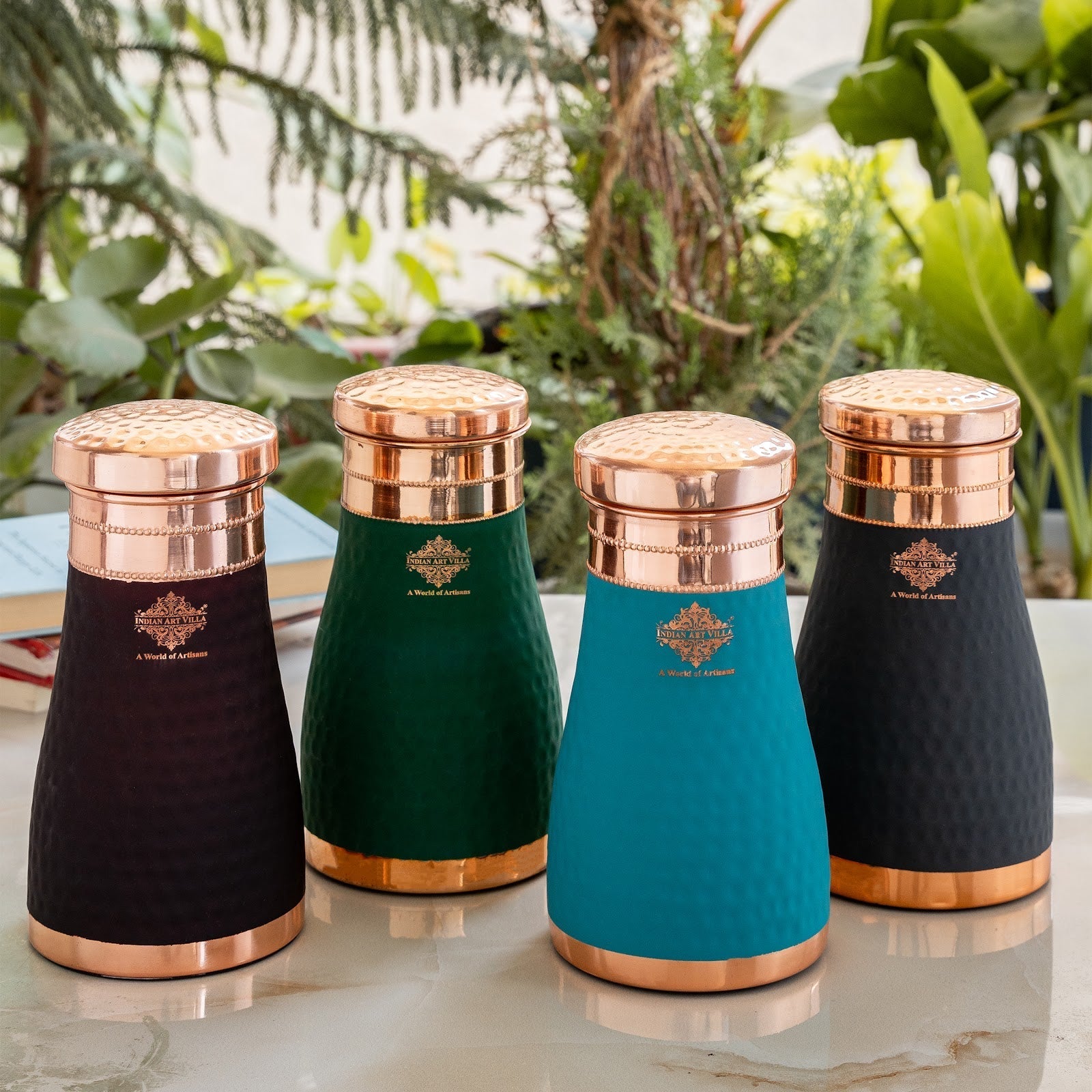 Pure Copper Hammered  Silk Finish Bedroom Bottle with Inbuilt Glass