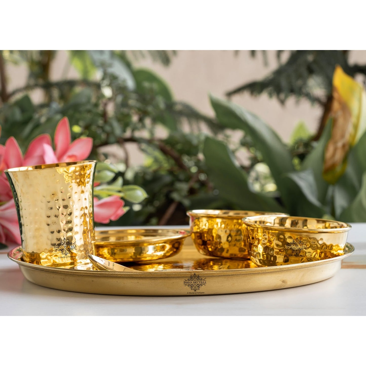 Pure Brass Matt Finish & Hammered 7 Pieces Dinner Set / Thali Set | DinnerWare |