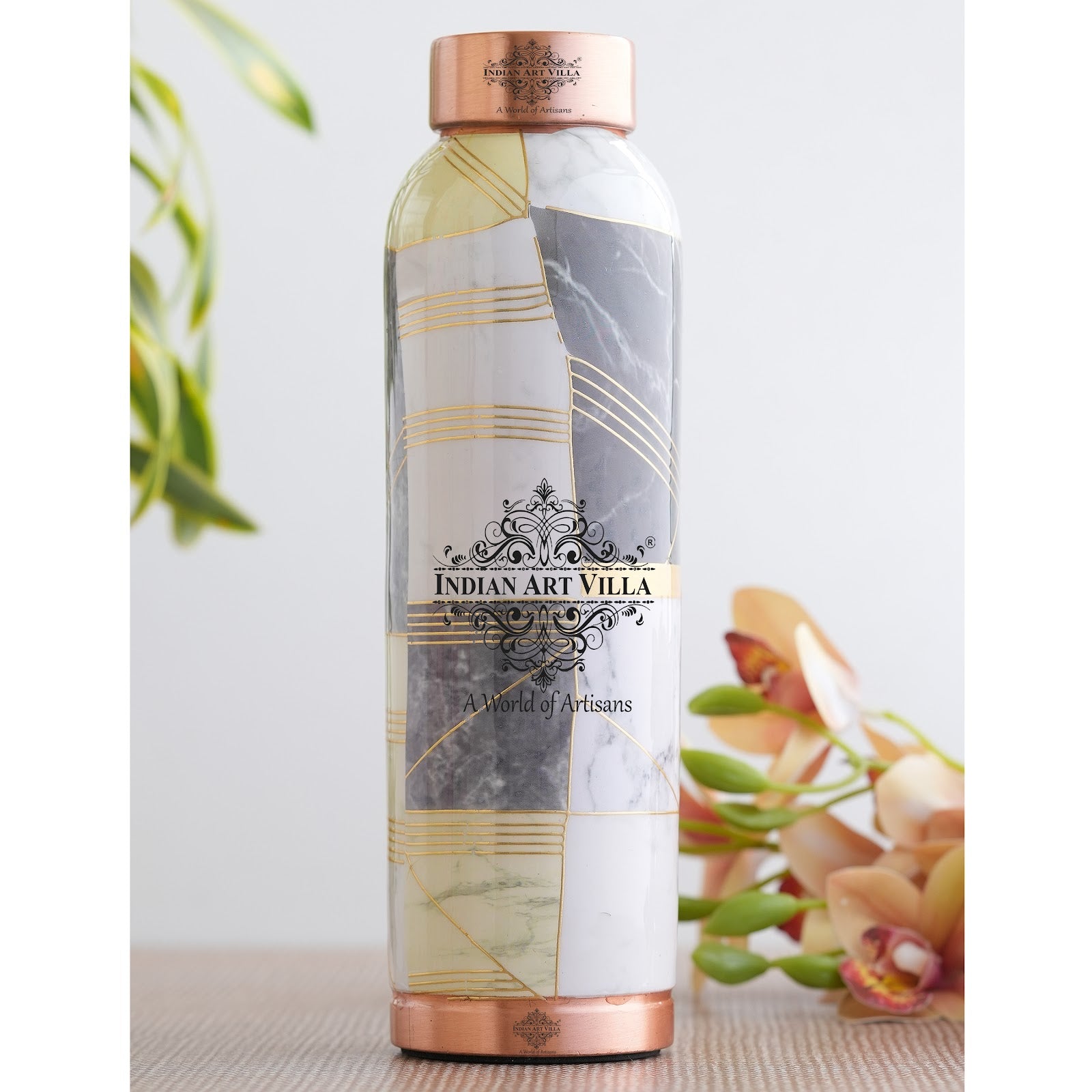Pure Copper Water Bottle with Different Gold Print Designs, 900 ML