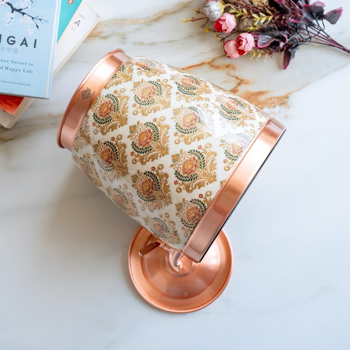 Copper Water Pot With Decorative Floral Kalakriti Print & Brass Tap- 7100 ML