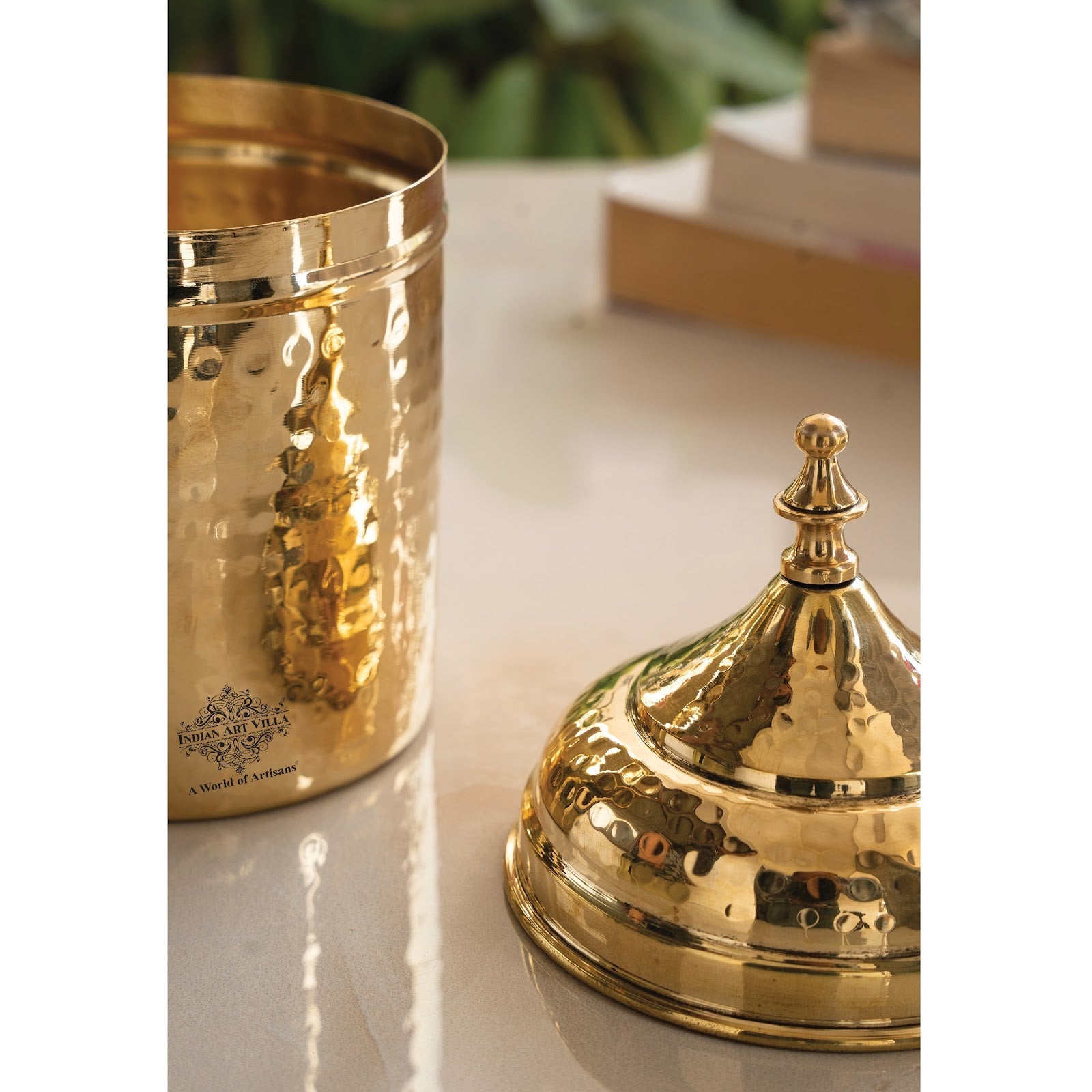 Brass Hammered Storage Container with Lid – 500 ML, Gold Finish Traditional Brass Jar, Dry Fruit, Sugar Storage Jar & Decorative Brass Box for Kitchen, Dining & Gifting