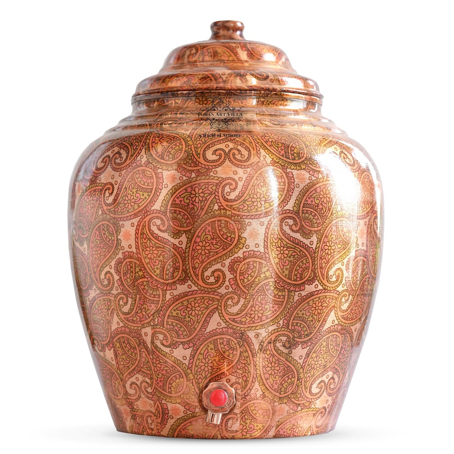 Pure Printed Paisely Design Copper Water Dispenser Pot Matka, Storage, Home Kitchen Garden