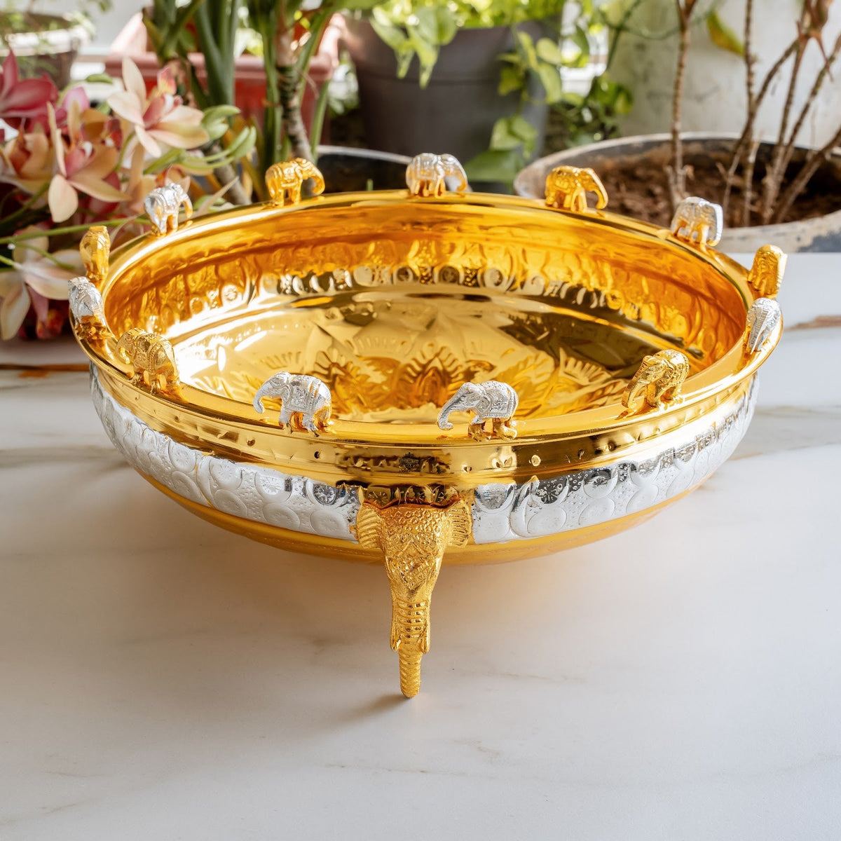 Gold and Sliver Two-Tone Brass Urli with Elephant Design Legs - 7400 ML