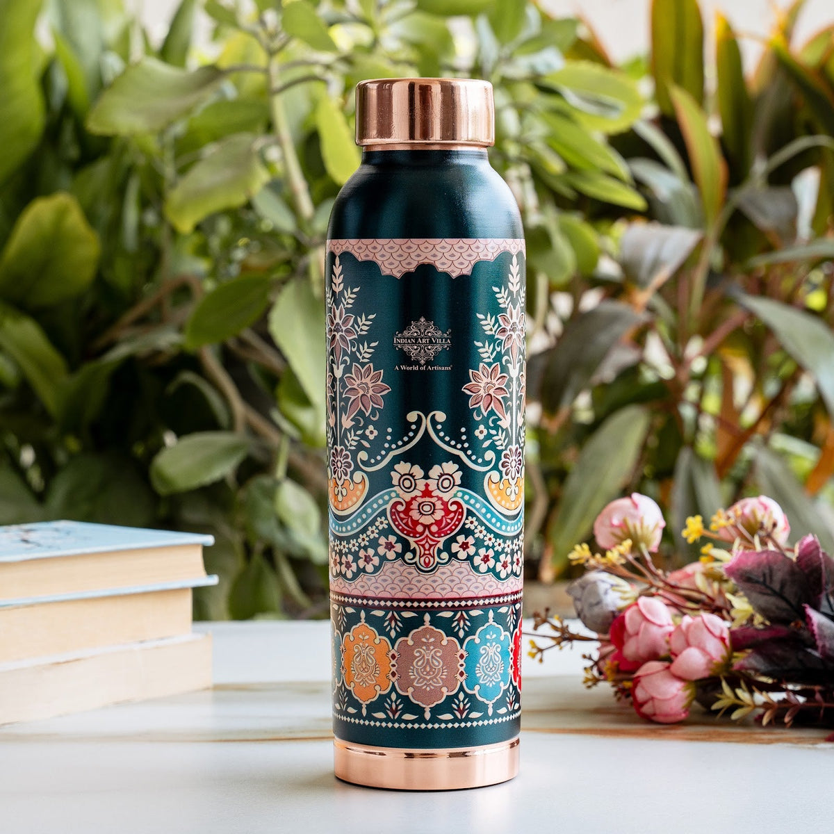 Copper Kalakriti Emerald Bloom Printed Bottle - 1000 ML