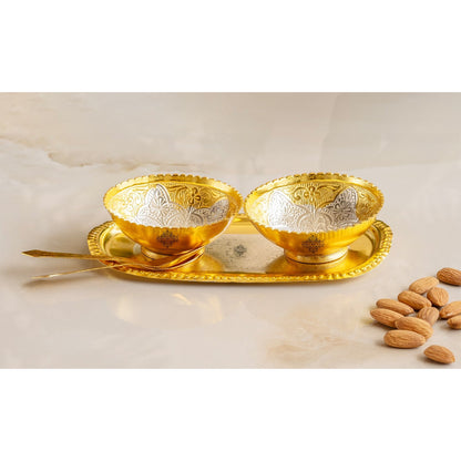 Silver Plated Gold Polished Embossed Floral Design 2 Bowl Set With 2 Spoons & 1 Tray