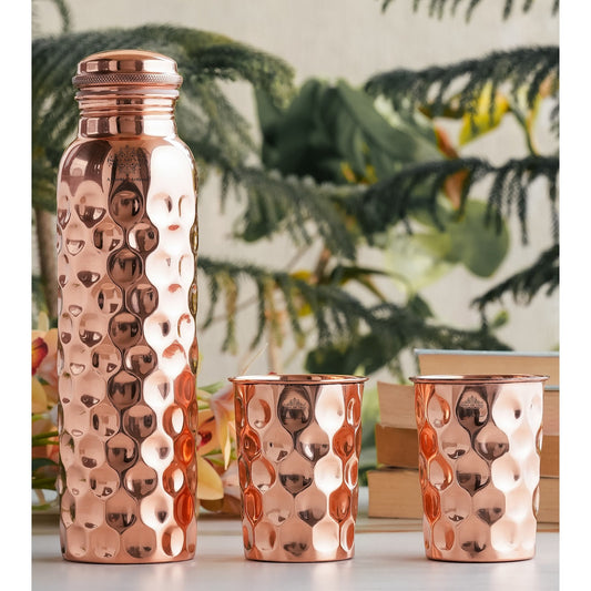 Set of Pure Copper Diamond Hammered Leak Proof Water Bottle & Two Glasses with a Gift Box, Drinkware