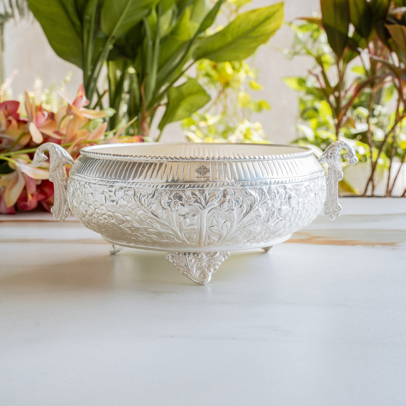 Silver Embossed Urli with Handles & Lotus Design for Home Décor - 1850 ML