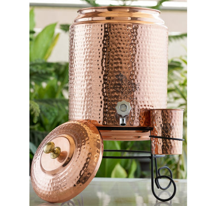 Pure Copper Hammered Design Water Pot Heavy Gauge with Brass Tap & Copper Glass & Stand, Volume- 10 liters