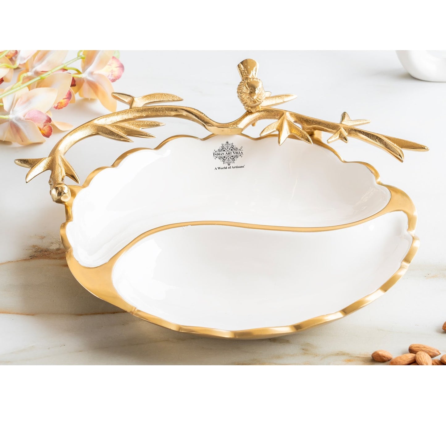 Brass Finish Decorative Serving Platter with Bird Design, Serveware for Home Décor, Gifting, and Special Occasions