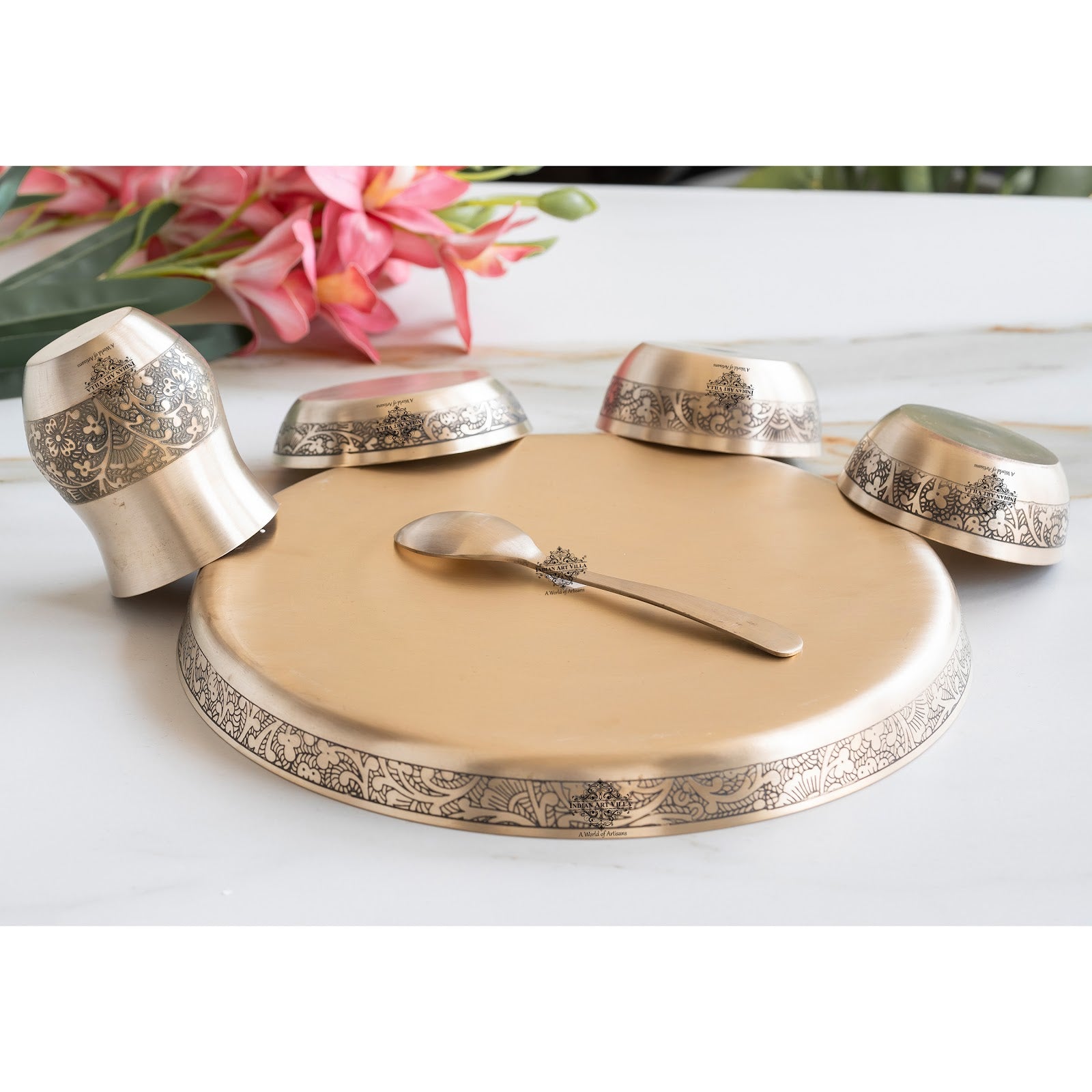 Pure Bronze Thali Set | 6 Pieces Dinner Set With Embossed Design