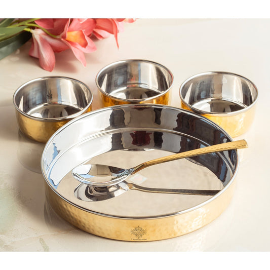 Brass Mukhwas Set – 3 Bowls with 8-Inch Hammered Plate & Spoon | Perfect for Serving Mouth Fresheners, Dry Fruits, Sweets at Home, Parties, Restaurants, and Festive Occasions