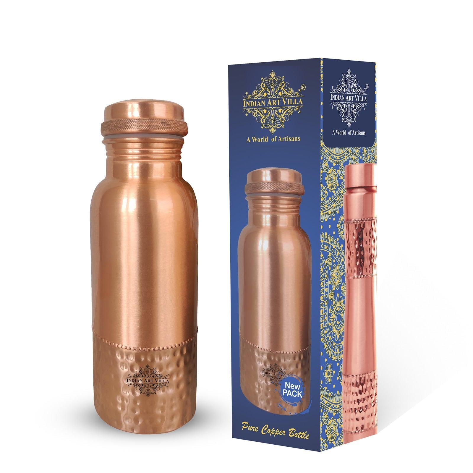 Pure Copper Water Bottle with Half Lacquer Coated Design