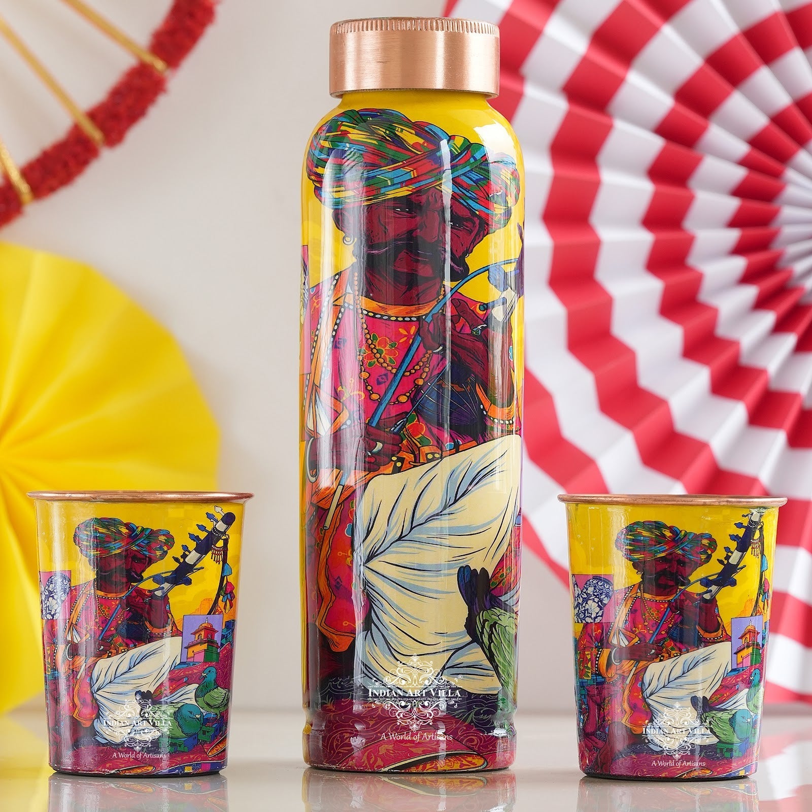 Rajasthani Meena "Padharo Mhare Desh" Printed Copper Bottle & Glass Set