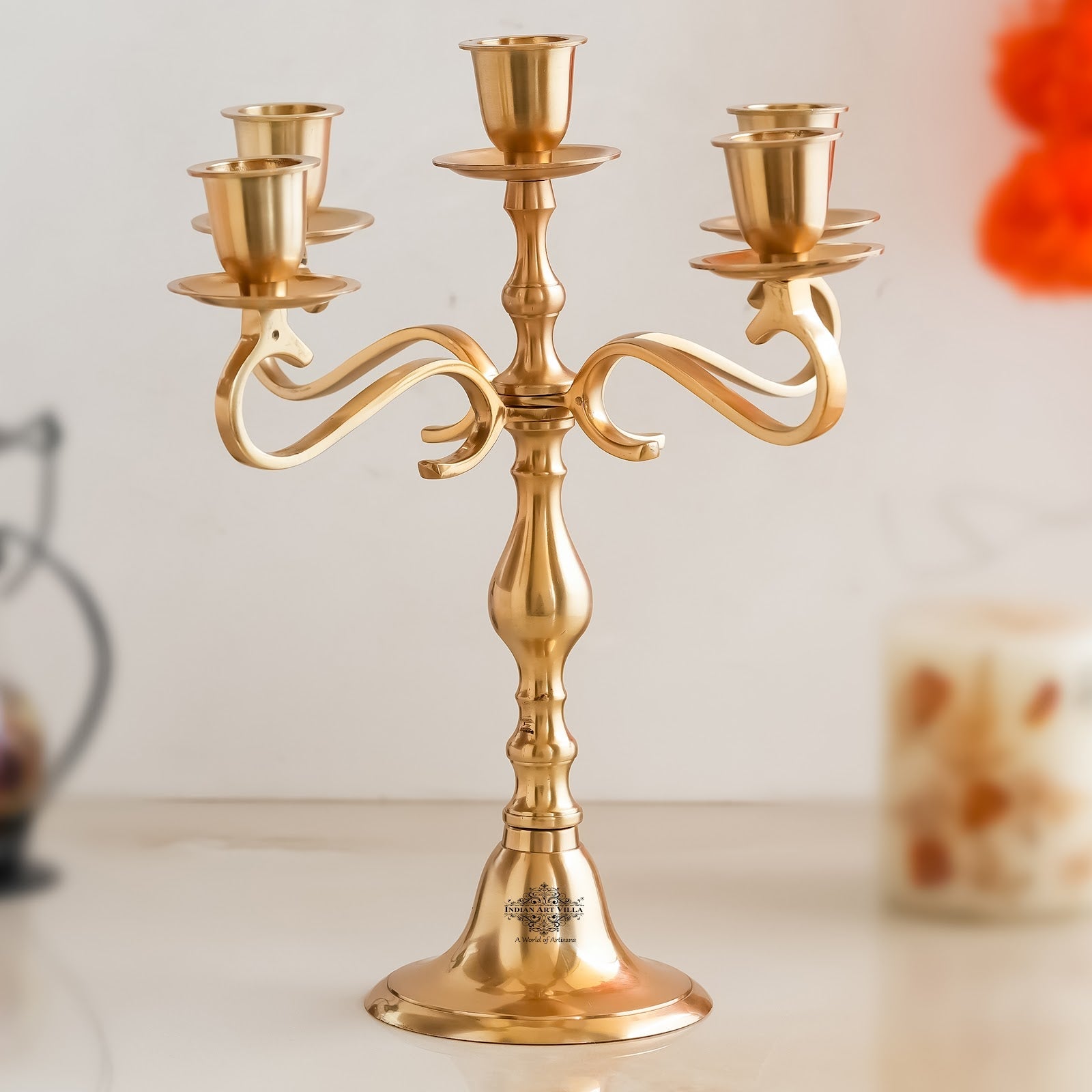 Pure Brass 5-Candle Arms Candelabra Centerpiece Candle Stand