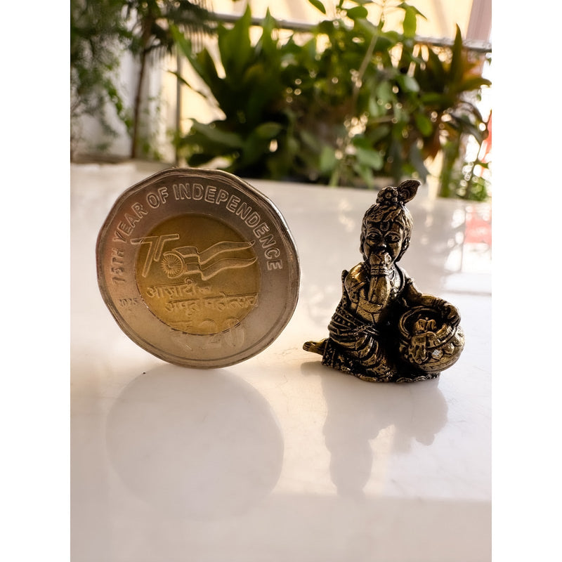 Pure Brass Miniature Bal Krishna Enjoying Makhan from a Pot Murti - 2.54cm