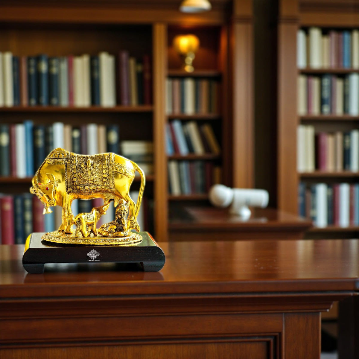 Brass Finish Kamadhenu Cow With Calf & Kanha JI