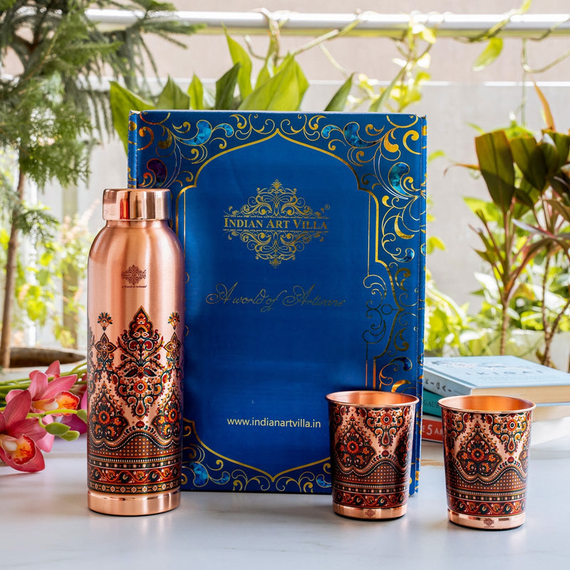 Pure Copper Madhubani Print Bottle & 2 Glass Gift Set – 940 ML