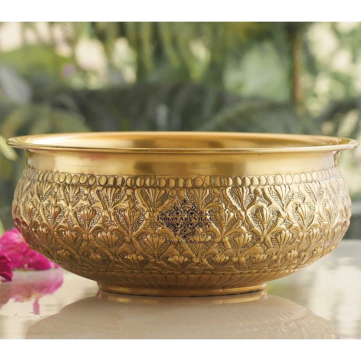 Handcrafted Brass Urli With Embossed Ornate Floral Design