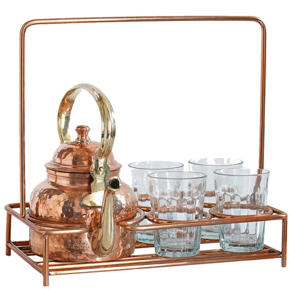 Copper Hammered Tea Pot with Brass Handle with 4 or 6 Glass Tea Cup