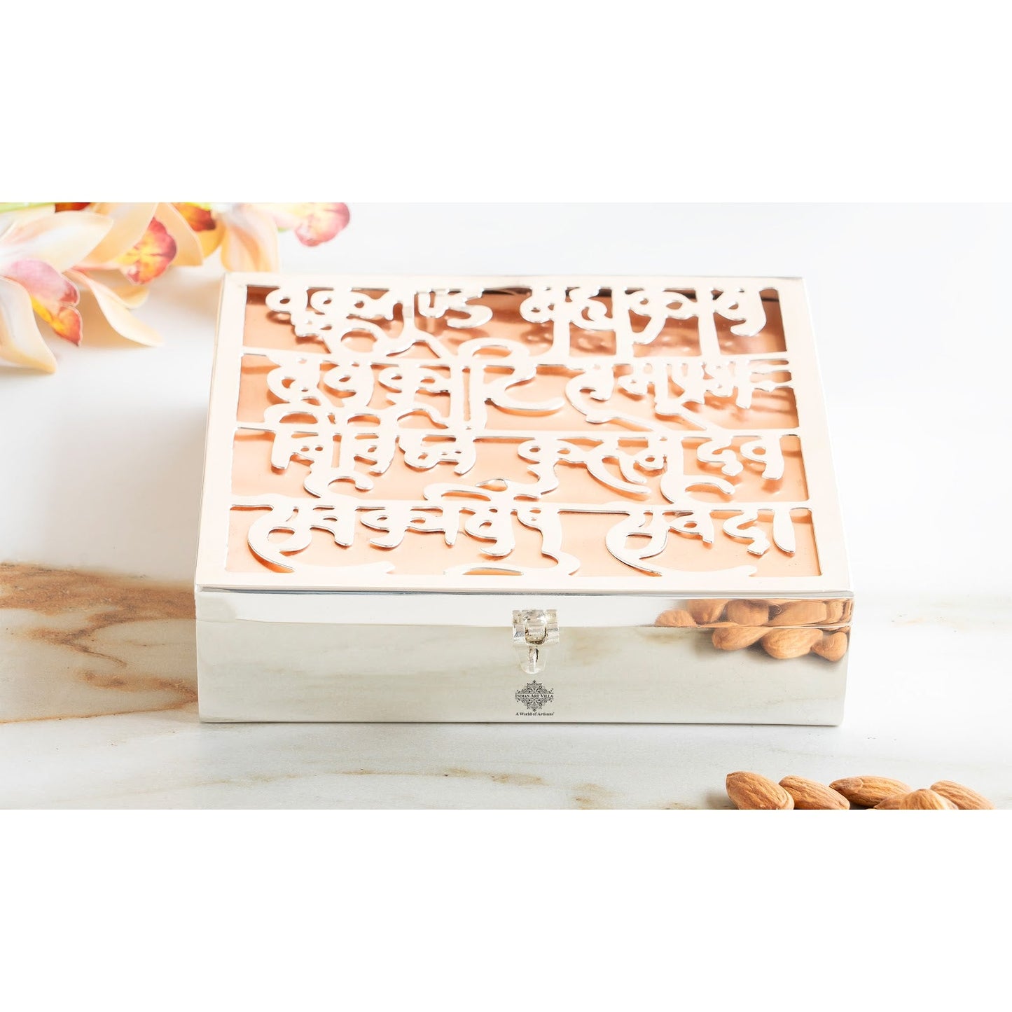 Silver Plated Copper Decorative Box with Ganesh Ji Mantra Design