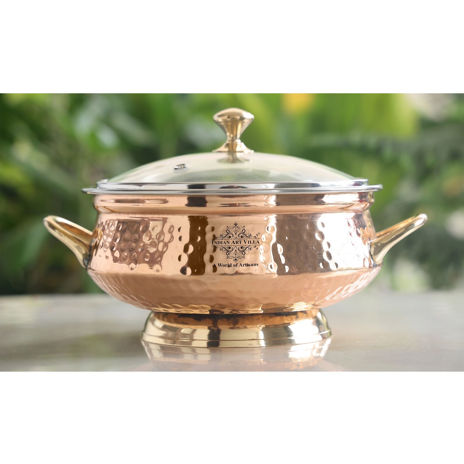 Handmade Steel Copper Hammer Mughlai Handi with Brass Handle, Bottom and lid- 23.37 cm Width, No.4