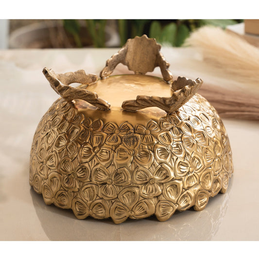 Brass Decorative Floral Embossed Fruit Bowl – 7.9 Inch, 1550 ML Golden Finish Brass Bowl with Pedestal, Handmade Serving & Display Bowl for Dry Fruits, Snacks, Fruits, Table Décor, and Gifting