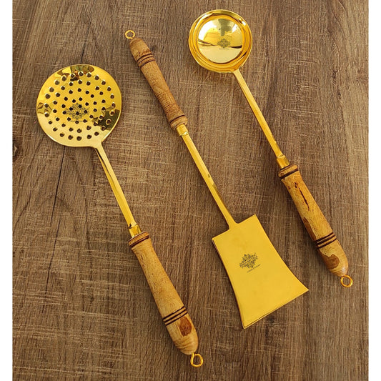 Pure Brass Serving & Cooking Spoon Set of 3( Palta(Spatula), Jhar(Skimmer) , Chamcha(Deep Ladle)