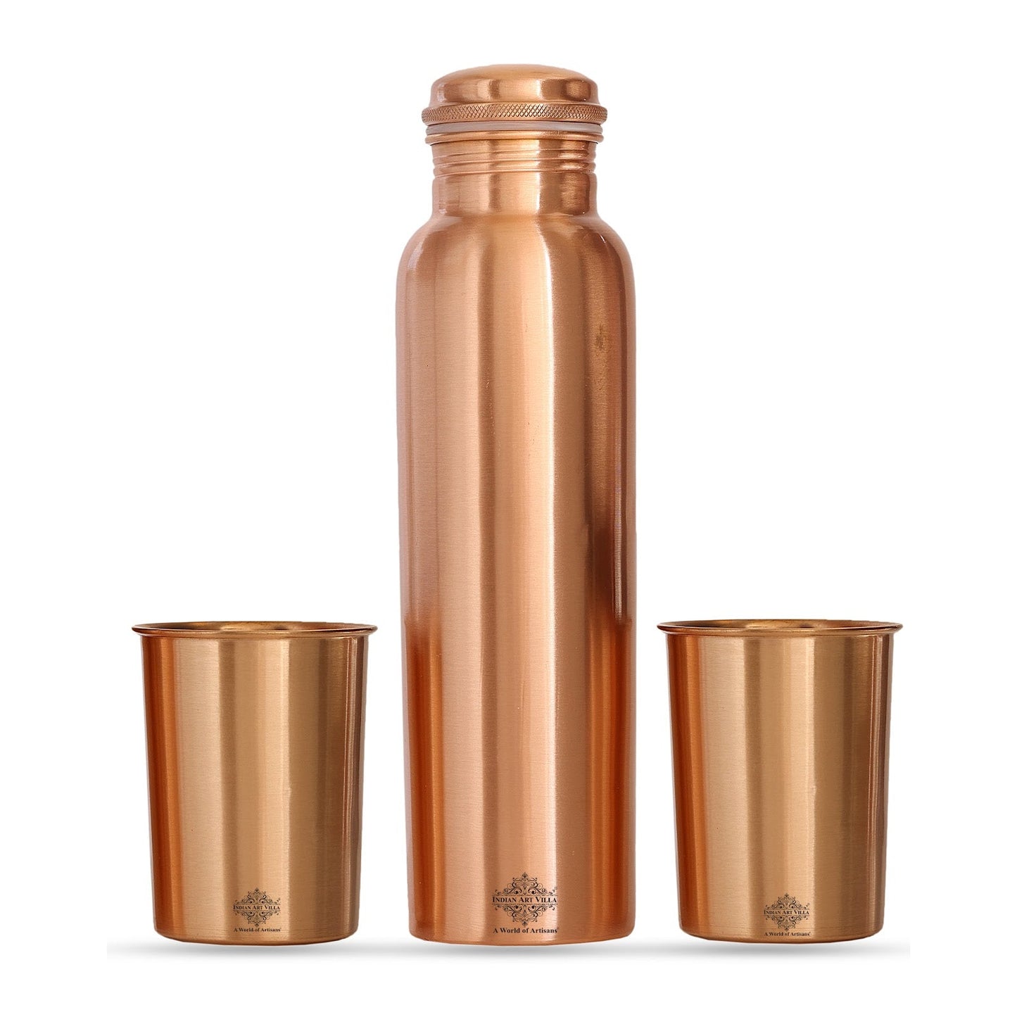Pure Copper Matt Finish Lacquer Coated Water Bottle & 2 Glass