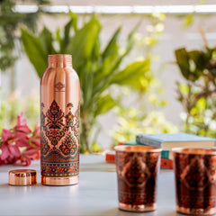 Pure Copper Madhubani Print Bottle & 2 Glass Gift Set – 940 ML