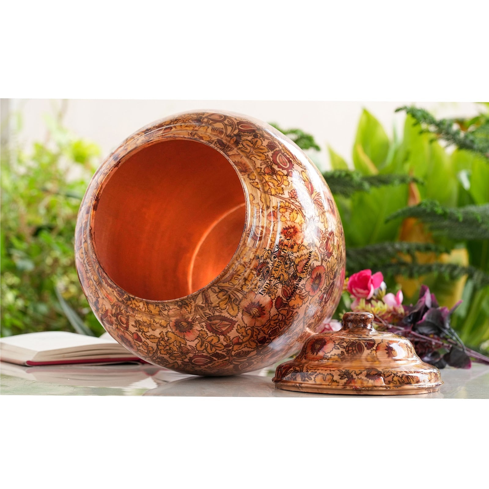 IndianAtVilla Printed Flower Design Copper Water Dispenser Pot Matka, Storage, Home Kitchen Garden