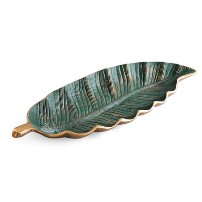 Gold Finish Green Leaf Design Decorative Platter – 43 Cm Banana Leaf Shaped Tray for Home Décor