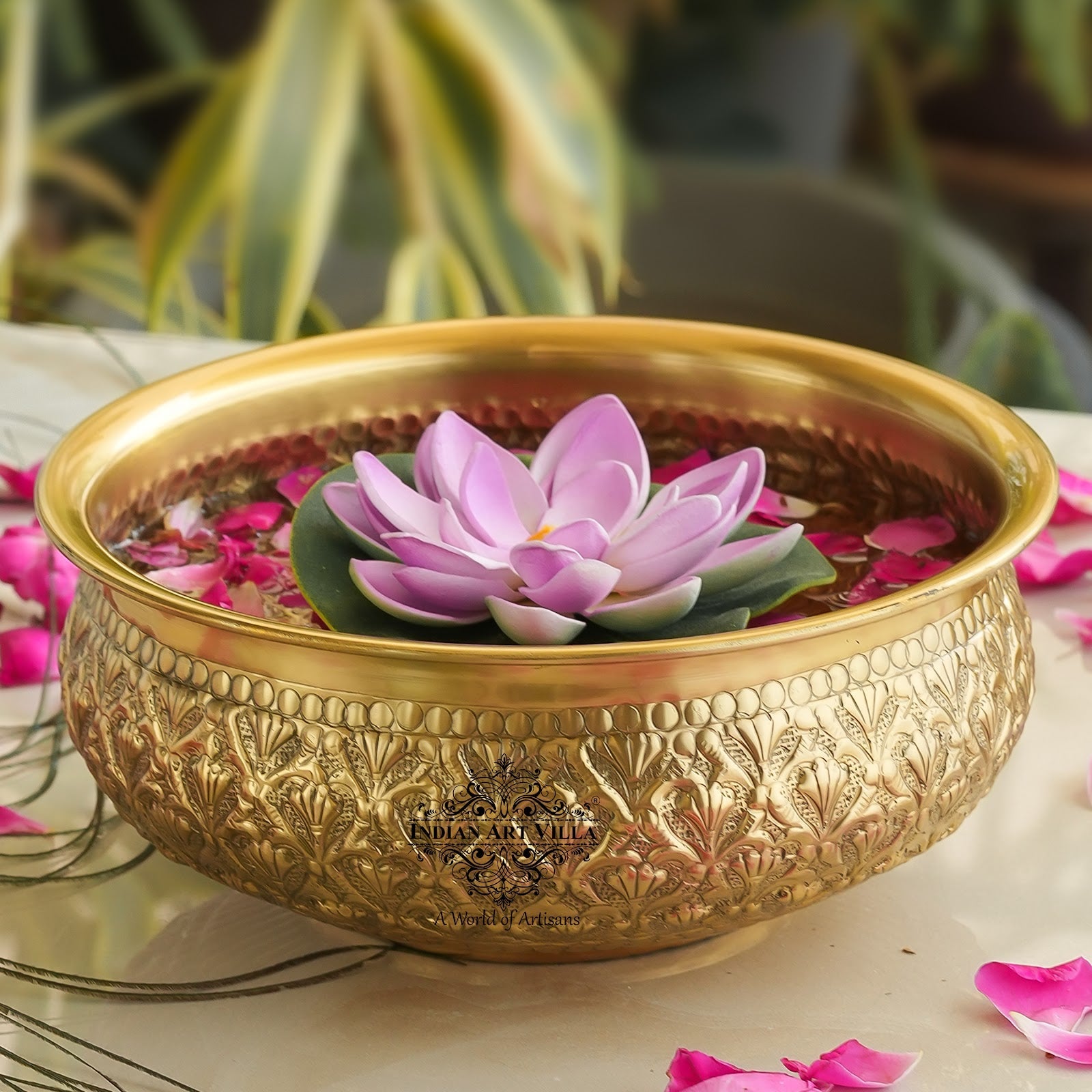 Handcrafted Brass Urli With Embossed Ornate Floral Design