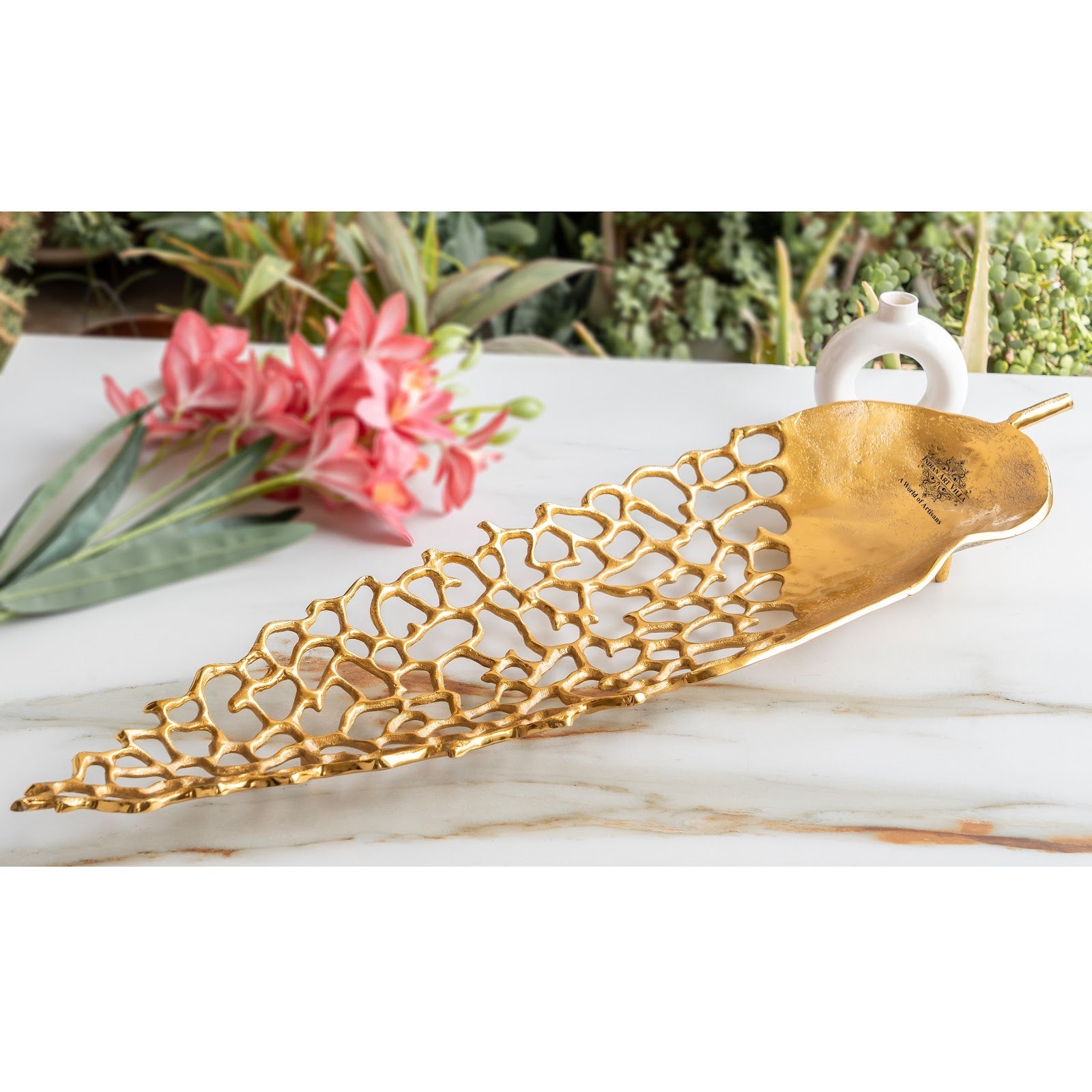 Gold Finish Antique Lacquer Matte Leaf Cutting Design Tray – 79 cm Decorative Accent, Elegant Serving Tray for Home