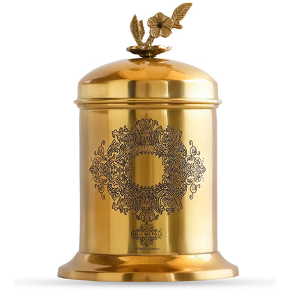 Brass Embossed Dign Jar with leaf knob on lid, Brass Decorative Storage Box